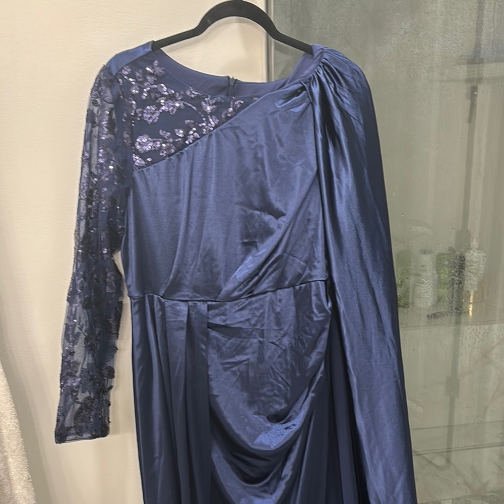 Elegant Blue Asymmetrical Wrap Gown with Long Sleeves